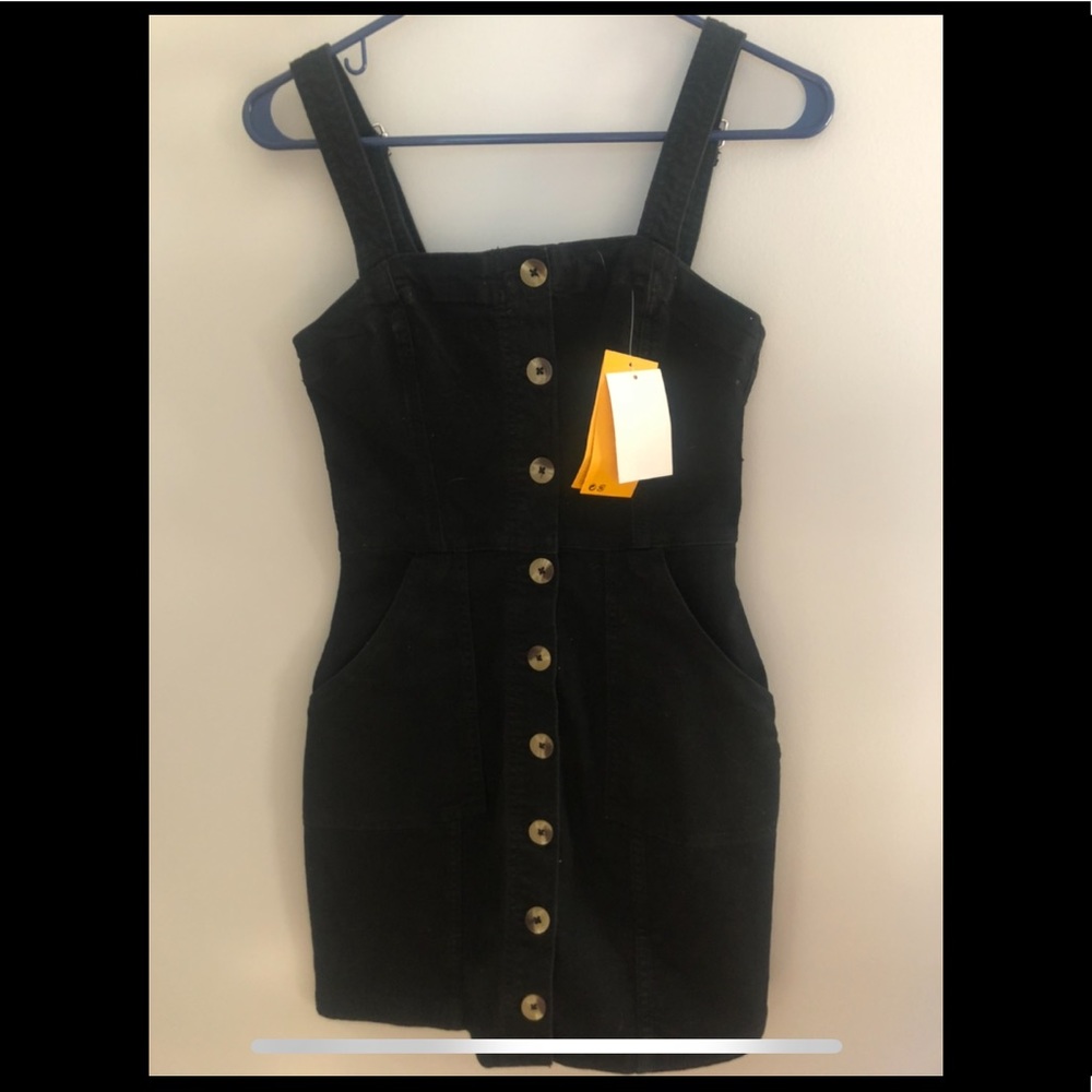 Black button up denim overall dress